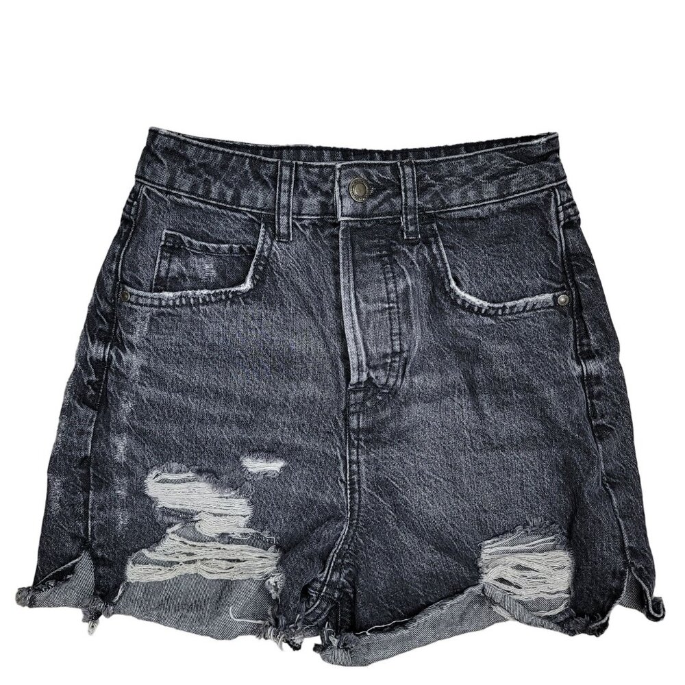 Zara Distressed Black Denim button fly Shorts Size 2 Women's high waist raw hem